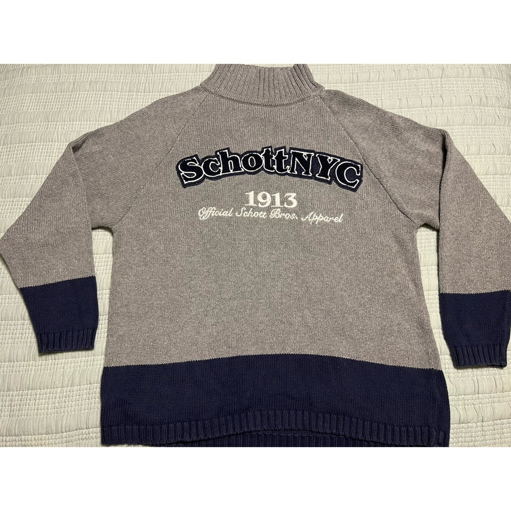 Schott Bros NYC Gray Blue Big Logo 100% Cotton Turtleneck Sweater L Preppy Fall